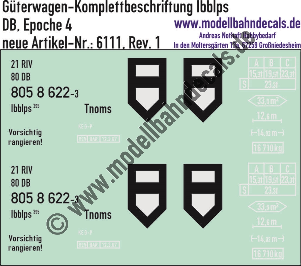 "Nass-Schiebebilder: Güterwagen-Komplettbeschriftung Ibblps 395, DB, Epoche 4. Artikel-Nummer: 6111"