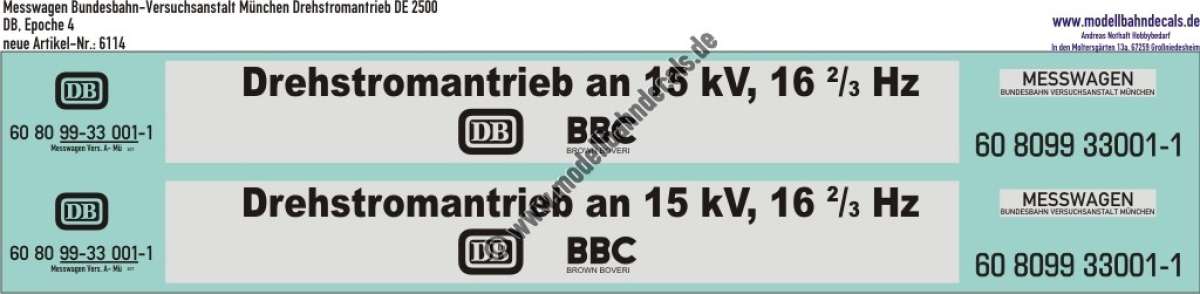 Nass-Schiebebilder: Messwagen Bundesbahn-Versuchsanstalt München Drehstromantrieb DE 2500, DB, Epoche 4, Artikel-Nummer: 6114
