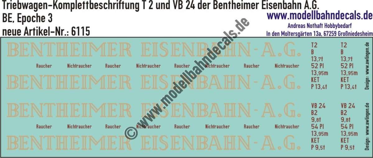 Nass-Schiebebilder: Triebwagen-Komplettbeschriftung T 2 und VB 24 der Bentheimer Eisenbahn A.G., BE, Epoche 3; Artikel-Nummer: 6115