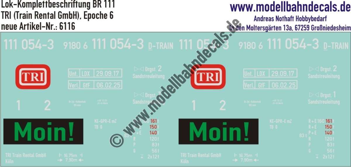 Nass-Schiebebilder: Lok-Komplettbeschriftung BR 111, TRI, Epoche 6, Artikel-Nummer: 6116
