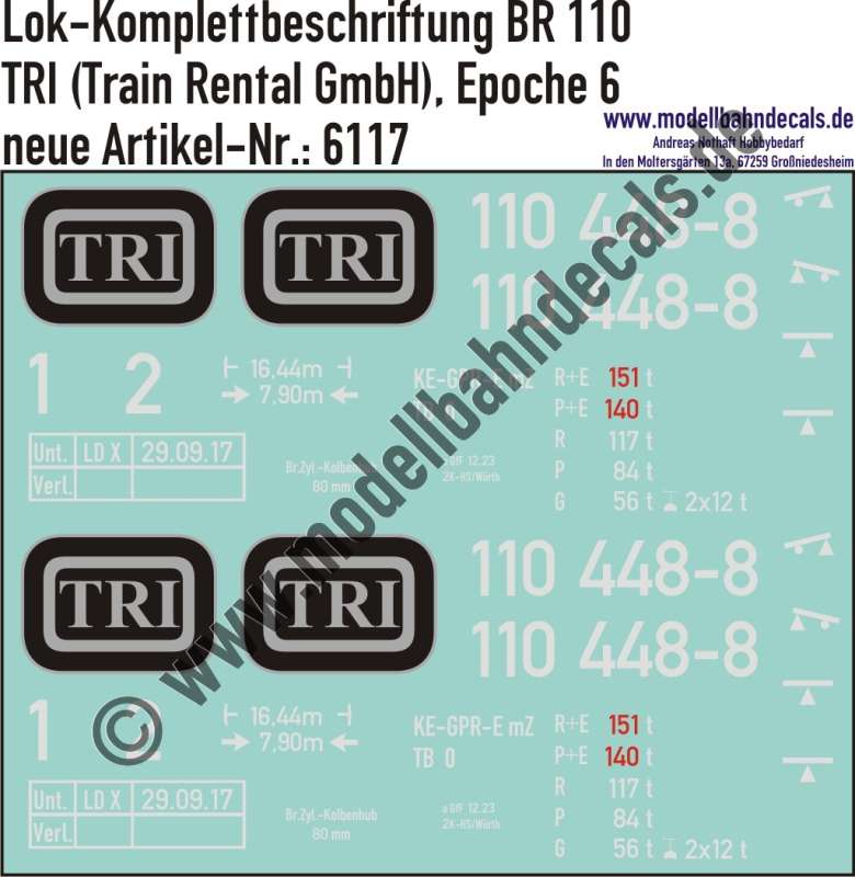 Nass-Schiebebilder: Lok-Komplettbeschriftung BR 110, TRI, Epoche 6, Artikel-Nummer: 6117