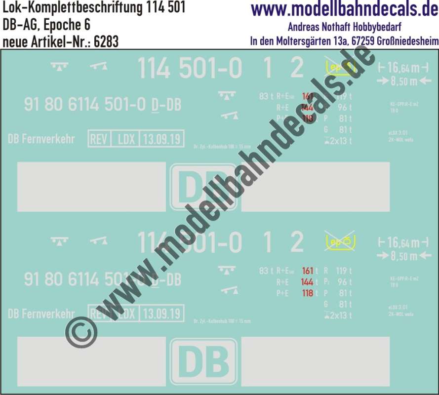 Nass-Schiebebilder: Lok-Komplettbeschriftung 114 501, DB-AG, Epoche 6. Artikel-Nummer: 6283