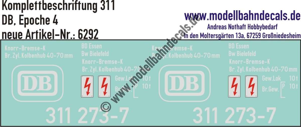 Nass-Schiebebilder: Lok-Komplettbeschriftung BR 311 - DB Epoche 4. Artikel-Nummer: 6292