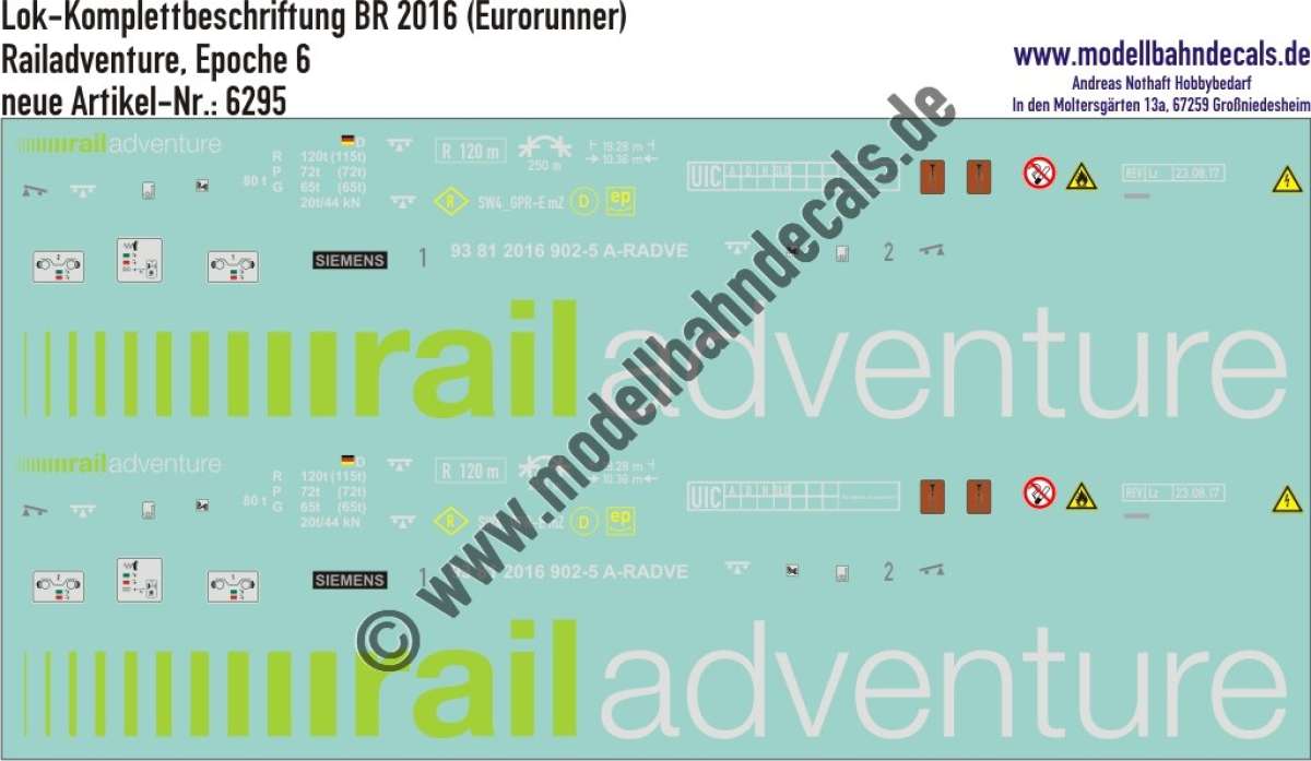 Nass-Schiebebilder: Komplettbeschriftung Baureihe 2016 Railadventure, Epoche 6. Artikel-Nummer: 6295