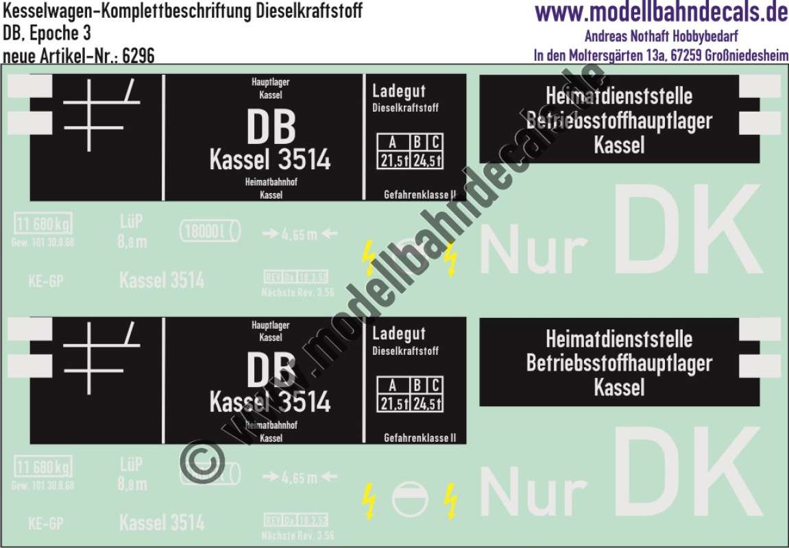 Nass-Schiebebilder: Kesselwagen-Komplettbeschriftung für Dieselkraftstoff, Kassel; DB, Epoche 3. Artikel-Nummer: 6296