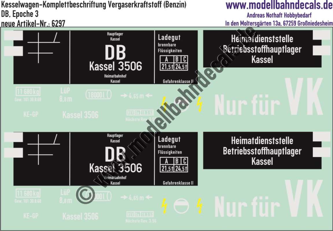 Nass-Schiebebilder: Kesselwagen-Komplettbeschriftung für Vergaserkraftstoff, Kassel; DB, Epoche 3. Artikel-Nummer: 6297