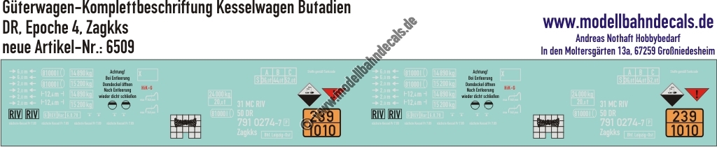"Nass-Schiebebilder: Güterwagen-Komplettbeschriftung Kesselwagen Zagkks, Ladegut Butadien, DR, Epoche 4. Artikel-Nummer: 6509"