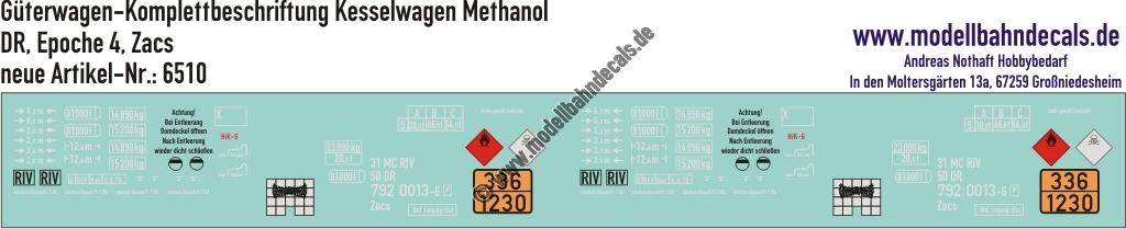 "Nass-Schiebebilder: Güterwagen-Komplettbeschriftung Kesselwagen Zacs, Ladgut Methanol, DR, Epoche 4. Artikel-Nummer: 6510"