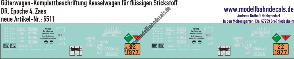 "Nass-Schiebebilder: Güterwagen-Komplettbeschriftung Kesselwagen Zaes, Ladegut flüssiger Stickstoff, DR, Epoche 4. Artikel-Nummer: 6511"