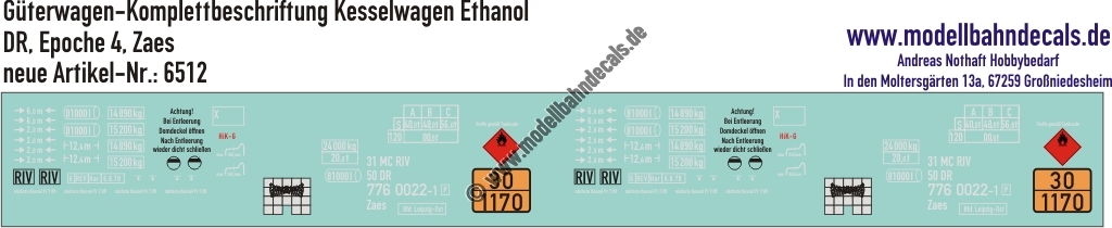 "Nass-Schiebebilder: Güterwagen-Komplettbeschriftung Kesselwagen Zaes, Ladegut Ethanol, DR, Epoche 4. Artikel-Nummer: 6512"