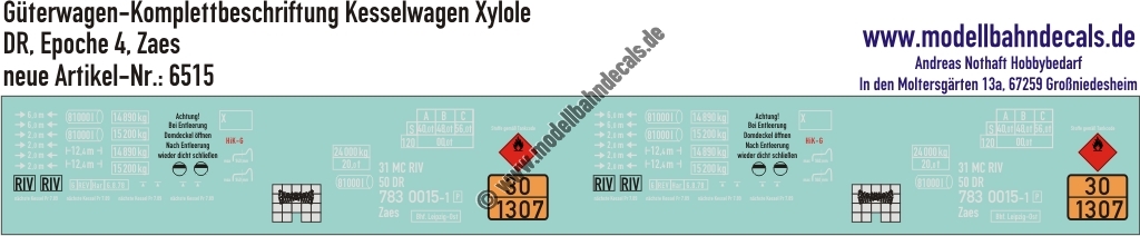"Nass-Schiebebilder: Güterwagen-Komplettbeschriftung Kesselwagen Zaes, Ladegut Xylole, DR, Epoche 4. Artikel-Nummer: 6515"