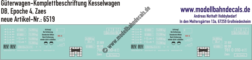 "Nass-Schiebebilder: Güterwagen-Komplettbeschriftung Kesselwagen Zaes, DB, Epoche 4. Artikel-Nummer: 6519"