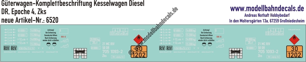 "Nass-Schiebebilder: Güterwagen-Komplettbeschriftung Kesselwagen Zks, Ladegut Diesel, DR, Epoche 4. Artikel-Nummer: 6520"