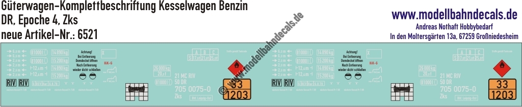 "Nass-Schiebebilder: Güterwagen-Komplettbeschriftung Kesselwagen Zks, Ladegut Benzin, DR, Epoche 4. Artikel-Nummer: 6521"