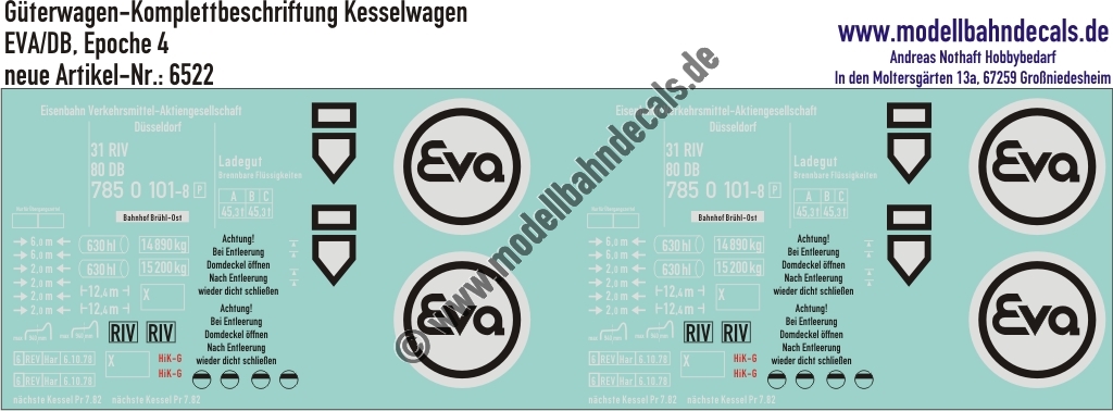 "Nass-Schiebebilder: Güterwagen-Komplettbeschriftung Kesselwagen EVA, DB, Epoche 4. Artikel-Nummer: 6522"