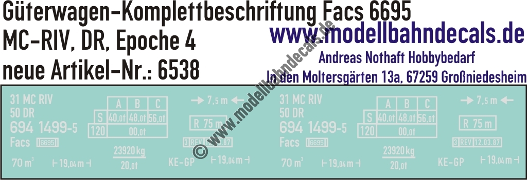 "Nass-Schiebebilder: Güterwagen-Komplettbeschriftung Facs 6695, MC-RIV, DR, Epoche 4. Artikel-Nummer: 6538"