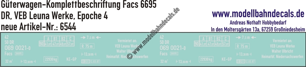 "Nass-Schiebebilder: Güterwagen-Komplettbeschriftung Facs 6695, DR, VEB Leunawerke, Epoche 4. Artikel-Nummer: 6544"