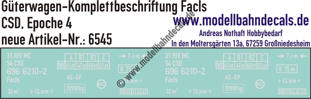 "Nass-Schiebebilder: Güterwagen-Komplettbeschriftung Facls, CSD, Epoche 4. Artikel-Nummer: 6545"