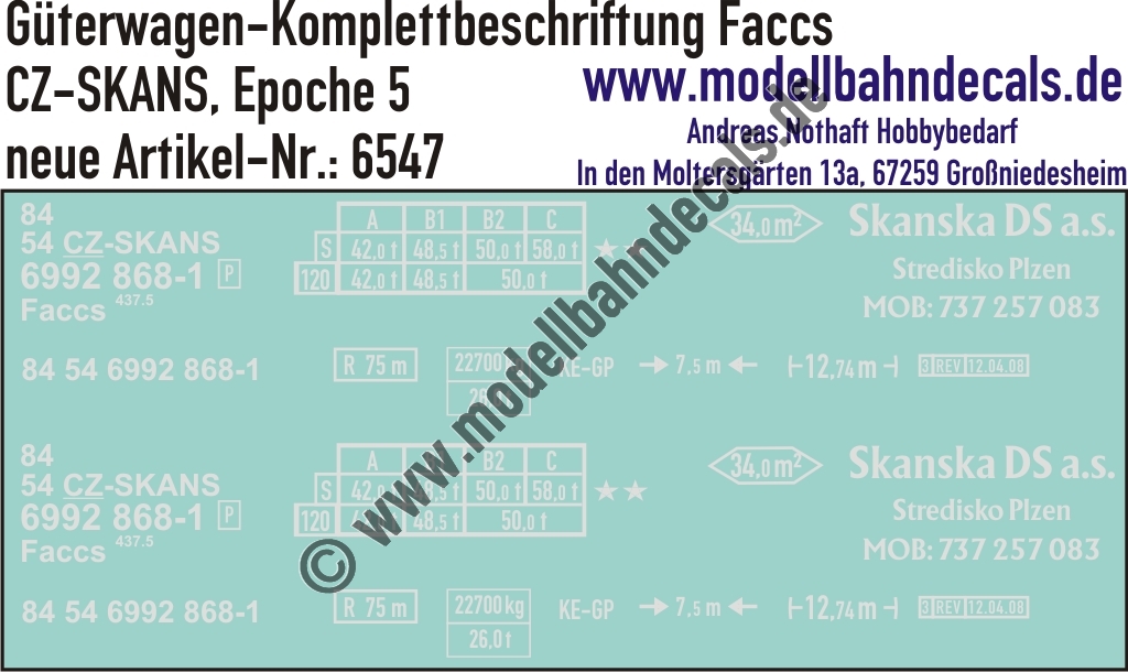 "Nass-Schiebebilder: Güterwagen-Komplettbeschriftung Faccs, CZ-SKANS, Epoche 5. Artikel-Nummer: 6547"