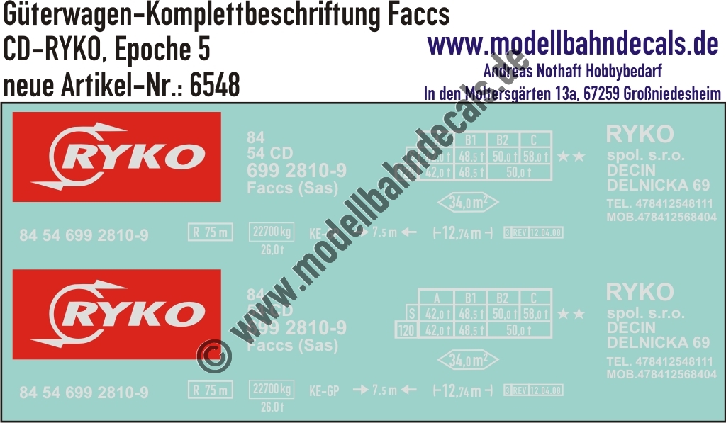 "Nass-Schiebebilder: Güterwagen-Komplettbeschriftung Faccs, CD-RYKO, Epoche 5. Artikel-Nummer: 6548"