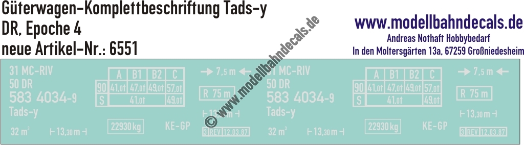 "Nass-Schiebebilder: Güterwagen-Komplettbeschriftung Tads-y, DR, Epoche 4. Artikel-Nummer: 6551"