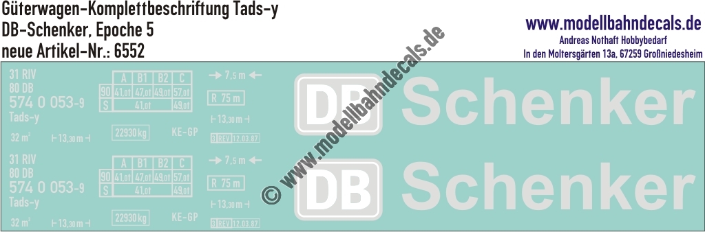 "Nass-Schiebebilder: Güterwagen-Komplettbeschriftung Tads-y, DB-Schenker, Epoche 5. Artikel-Nummer: 6552"