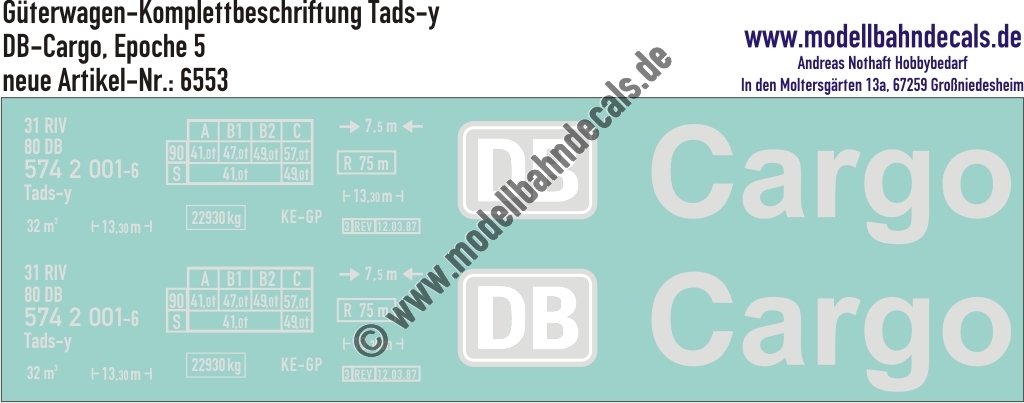 "Nass-Schiebebilder: Güterwagen-Komplettbeschriftung Tads-y, DB-Cargo, Epoche 5. Artikel-Nummer: 6553"