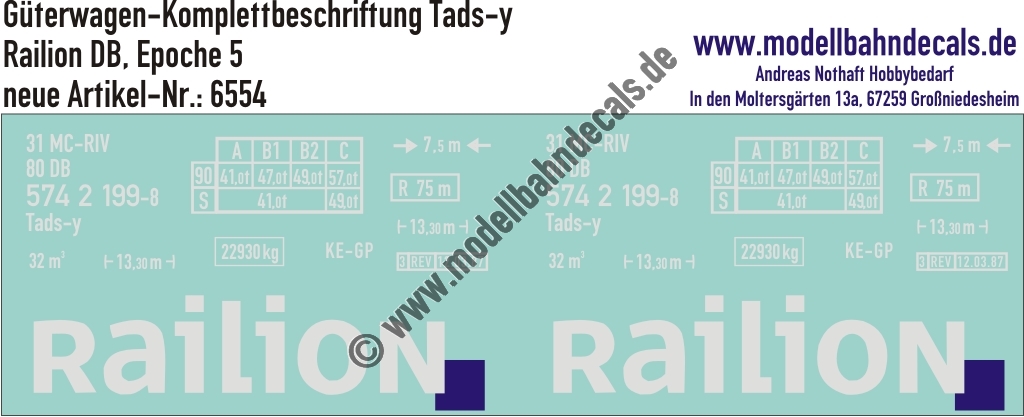 "Nass-Schiebebilder: Güterwagen-Komplettbeschriftung Tads-y, Railion DB, Epoche 5. Artikel-Nummer: 6554"