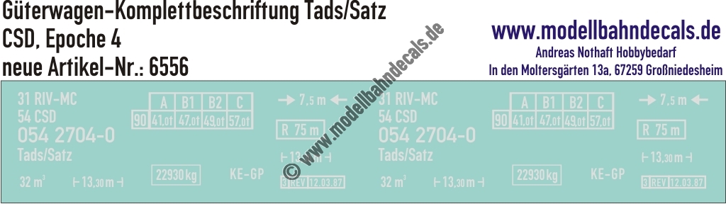 "Nass-Schiebebilder: Güterwagen-Komplettbeschriftung Tads/Satz, CSD, Epoche 4. Artikel-Nummer: 6556"