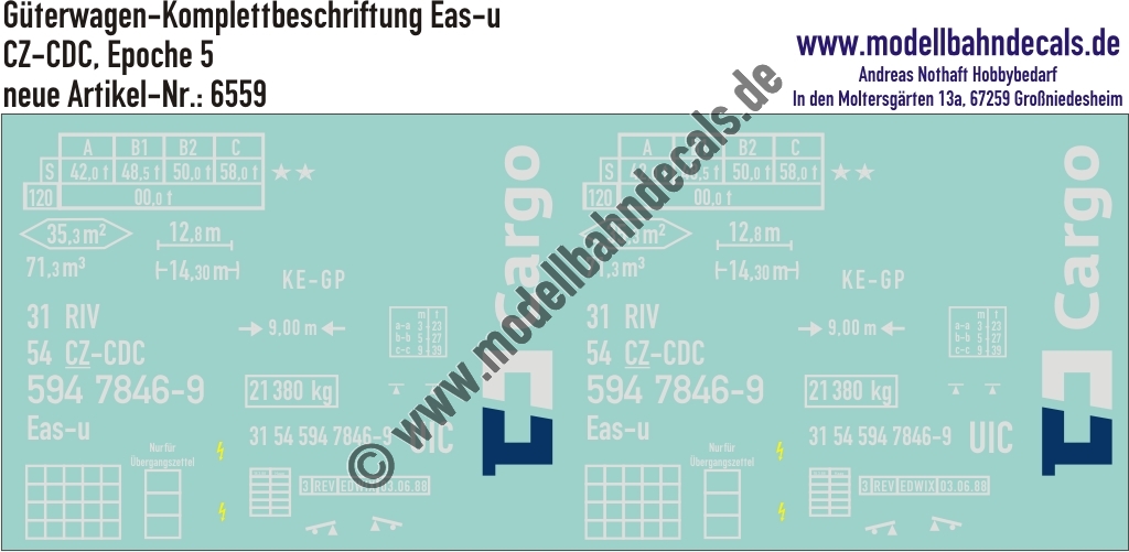 "Nass-Schiebebilder: Güterwagen-Komplettbeschriftung Eas-u, CZ-CDC (CD Cargo), Epoche 5. Artikel-Nummer: 6559"