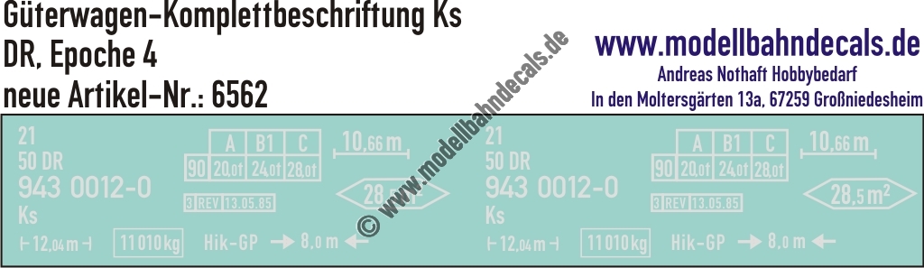 "Nass-Schiebebilder: Güterwagen-Komplettbeschriftung Ks, DR, Epoche 4. Artikel-Nummer: 6562"