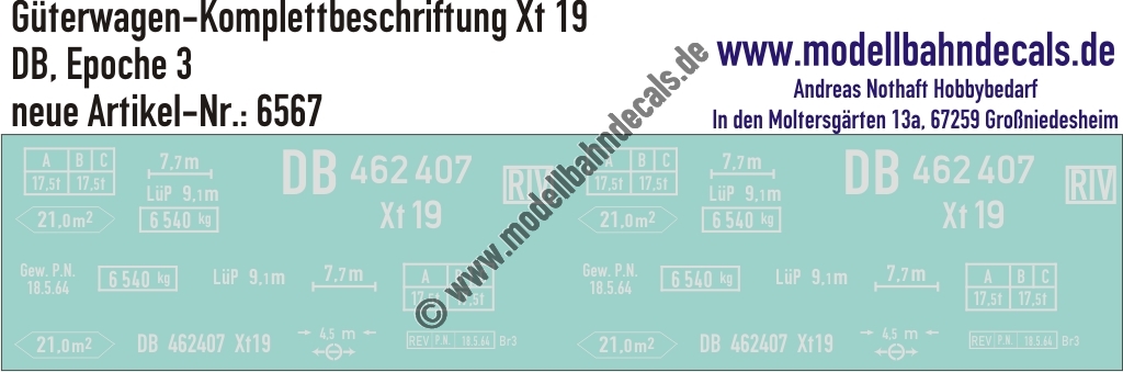 "Nass-Schiebebilder: Güterwagen-Komplettbeschriftung Xt 19, DB, Epoche 3. Artikel-Nummer: 6567"