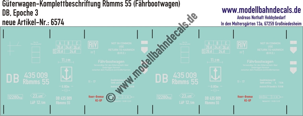 "Nass-Schiebebilder: Güterwagen-Komplettbeschriftung Rbmms 55 (Fährbootwagen), DB, Epoche 3. Artikel-Nummer: 6574"