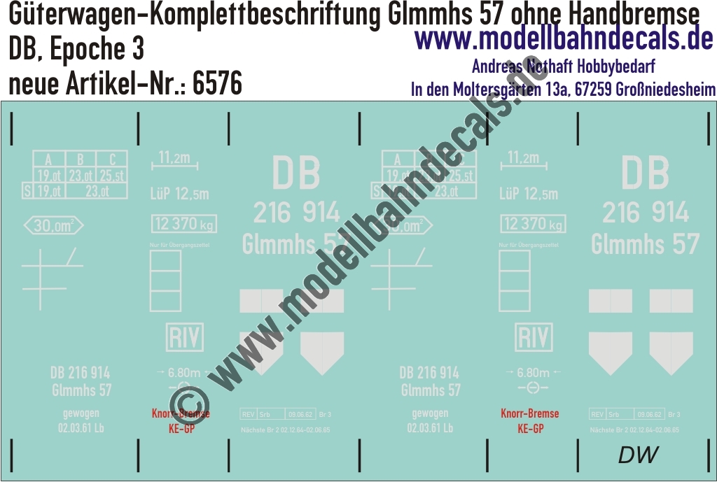 "Nass-Schiebebilder: Güterwagen-Komplettbeschriftung Glmmhs 57 ohne Handbremse, DB, Epoche 3. Artikel-Nummer: 6576"