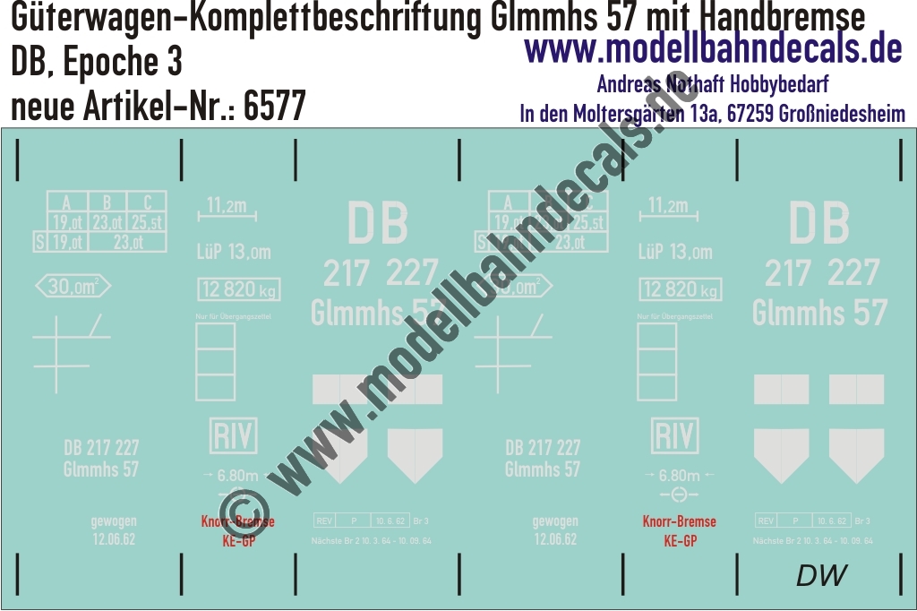 "Nass-Schiebebilder: Güterwagen-Komplettbeschriftung Glmmhs 57 mit Handbremse, DB, Epoche 3. Artikel-Nummer: 6577"