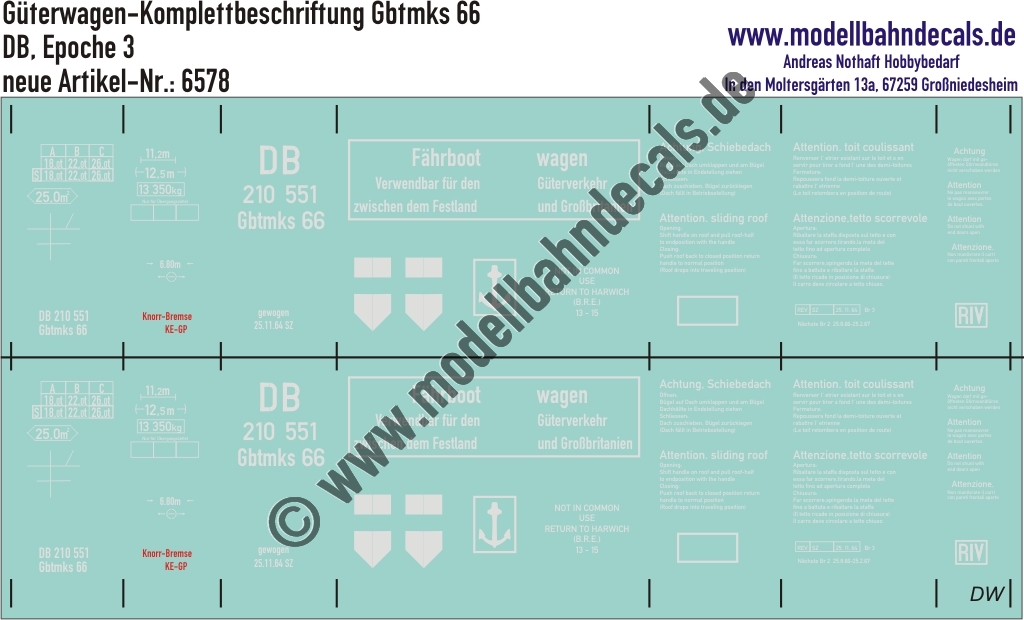 "Nass-Schiebebilder: Güterwagen-Komplettbeschriftung Gbtmks 66, DB, Epoche 3. Artikel-Nummer: 6578"