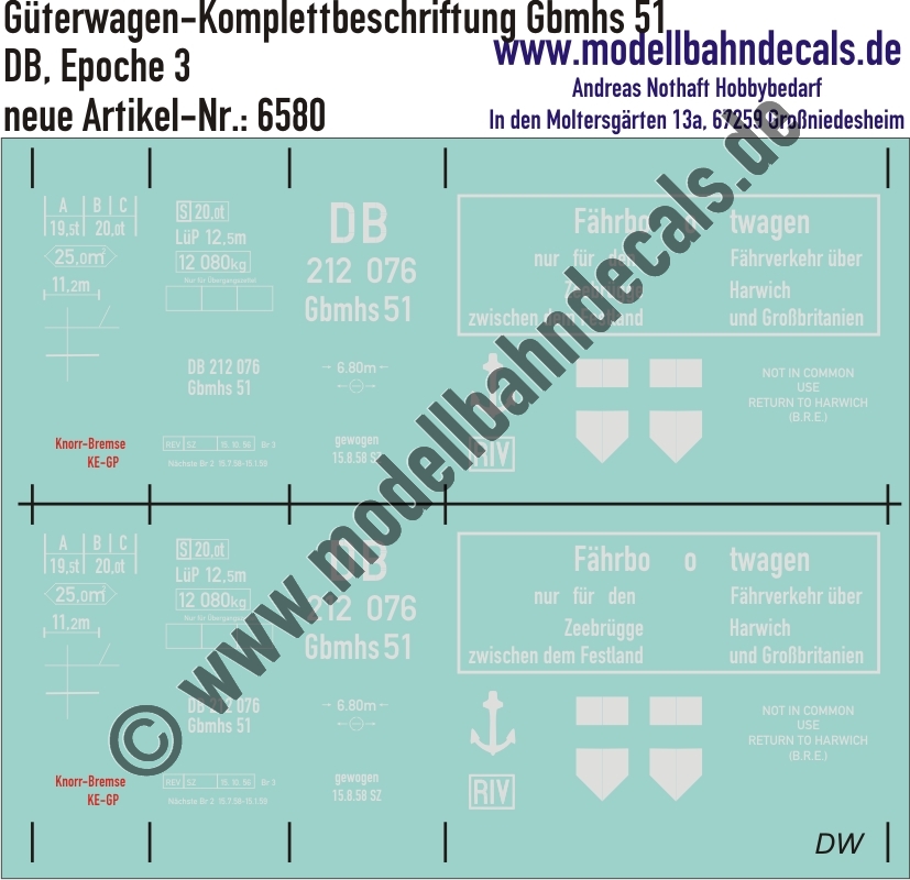 "Nass-Schiebebilder: Güterwagen-Komplettbeschriftung Gbmhs 51, DB, Epoche 3. Artikel-Nummer: 6580"