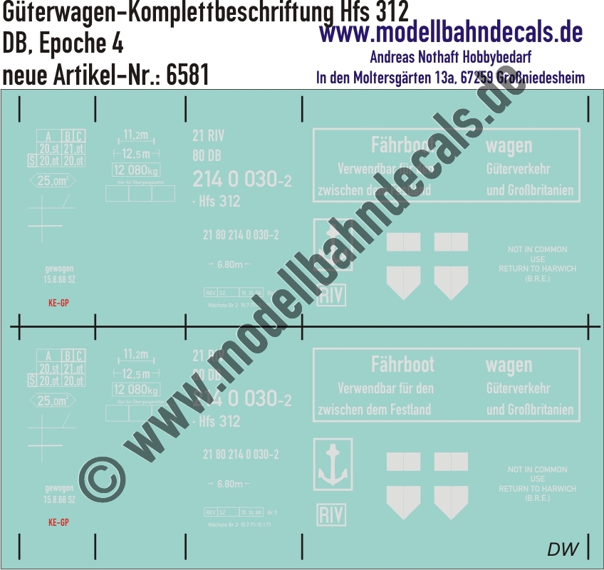 "Nass-Schiebebilder: Güterwagen-Komplettbeschriftung Hfs 312, DB, Epoche 4. Artikel-Nummer: 6581"