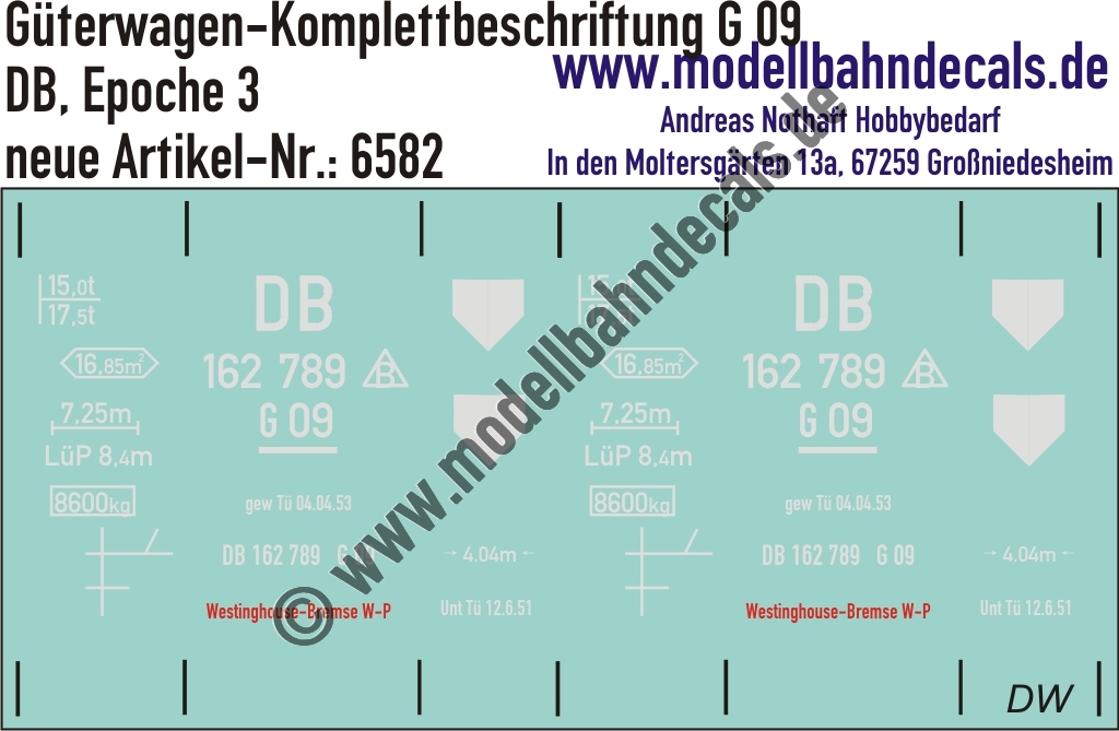 "Nass-Schiebebilder: Güterwagen-Komplettbeschriftung G 09 (Bereitschaftswagen), DB, Epoche 3. Artikel-Nummer: 6582"