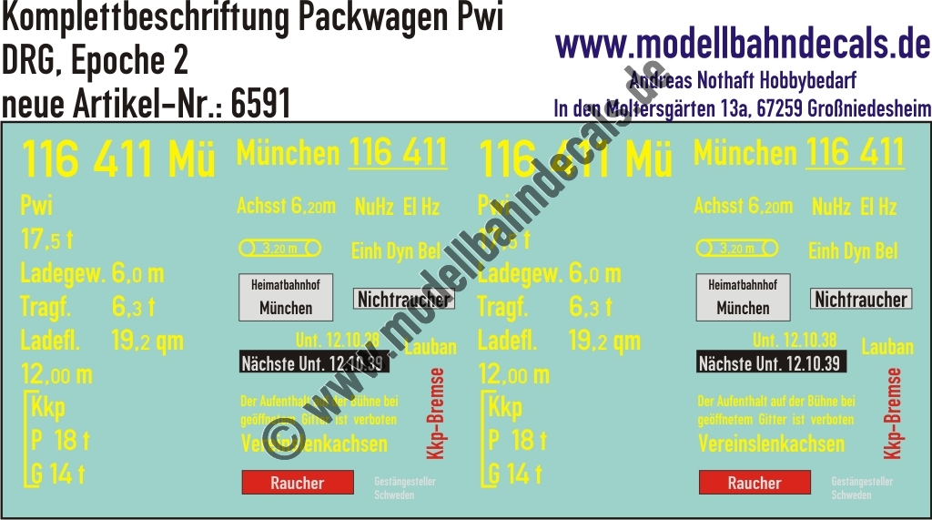 "Nass-Schiebebilder: Komplettbeschriftung Packwagen Pwi, DRG, Epoche 2. Artikel-Nummer: 6591"