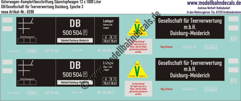 "Nass-Schiebebilder: Güterwagen-Komplettbeschriftung Säuretopfwagen 12x1000 Liter, DB/Gesellschaft für Teerverwertung Duisburg, Epoche 3. Artikel-Nummer: 6598"