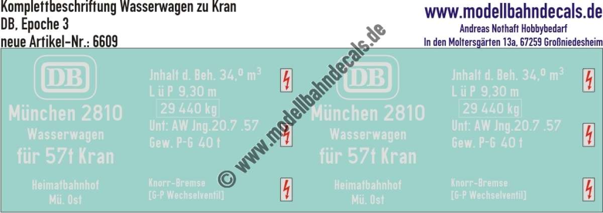 Nass-Schiebebilder: Komplettbeschriftung für einen Wasserwagen (zu Kran) DB, Epoche 3, Artikel-Nummer: 6609