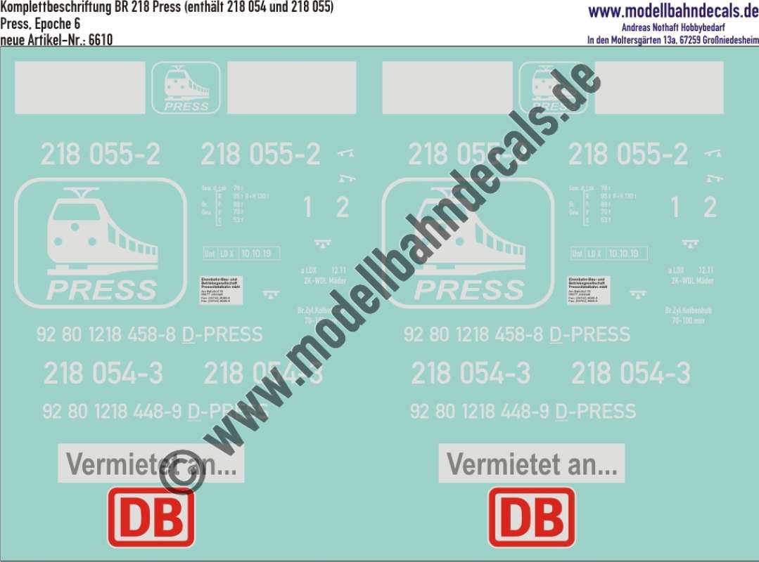 Nass-Schiebebilder: Lok-Komplettbeschriftung für eine(!) Lok der Pressnitztalbahn BR 218 (218 054 oder 218 055), Epoche 6, Artikel-Nummer: 6610