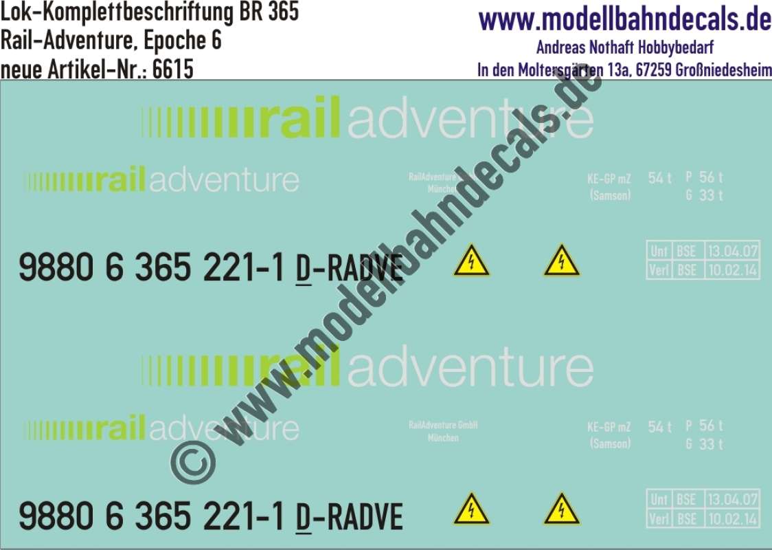 Nass-Schiebebilder: Lok-Komplettbeschriftung BR 365, Rail-Adventure, Epoche 6, Artikel-Nummer: 6615