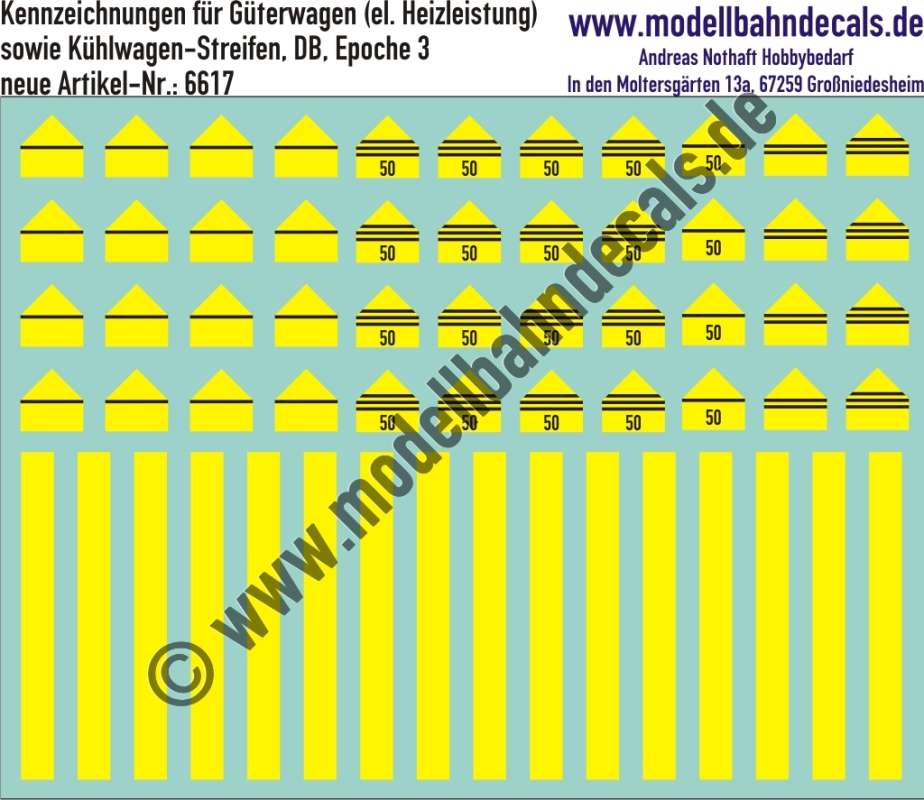 Nass-Schiebebilder: Kennzeichnungen für Güterwagen (el. Heizleistung) sowie Kühlwagen-Streifen, DB, Epoche 3. Artikel-Nummer: 6617
