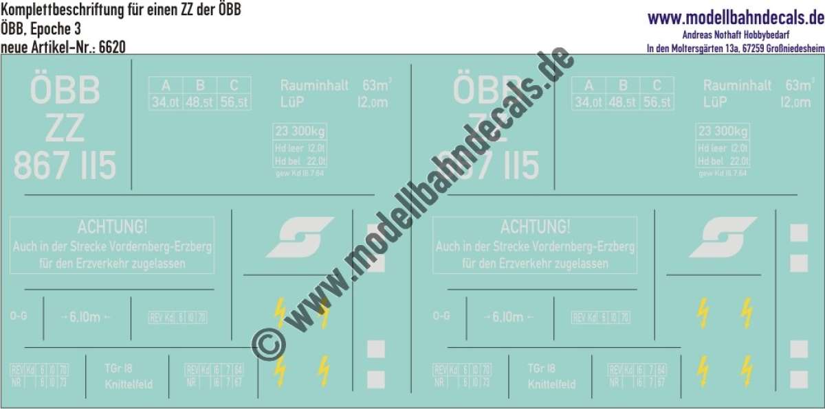 Nass-Schiebebilder: Güterwagen-Komplettbeschriftung ZZ, ÖBB, Epoche 3. Artikel-Nummer: 6620
