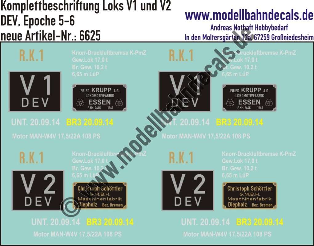 Nass-Schiebebilder: Lok-Komplettbeschriftung für 2 Loks (V1 und V2) des DEV (Deutschen Eisenbahn Vereins), Epoche 5-6, Artikel-Nummer: 6625