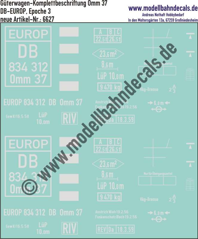 Nass-Schiebebilder: Güterwagen-Komplettbeschriftung Omm 37 - DB-EUROP, Epoche 3. Artikel-Nummer: 6627
