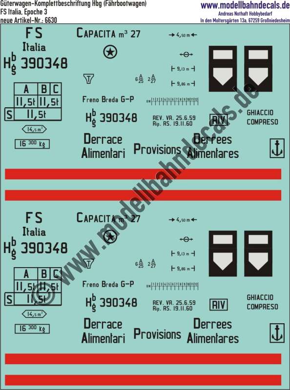 Nass-Schiebebilder: Güterwagen-Komplettbeschriftung Hbg (Fährboot-Kühlwagen), FS Italia, Epoche 3. Artikel-Nummer: 6630