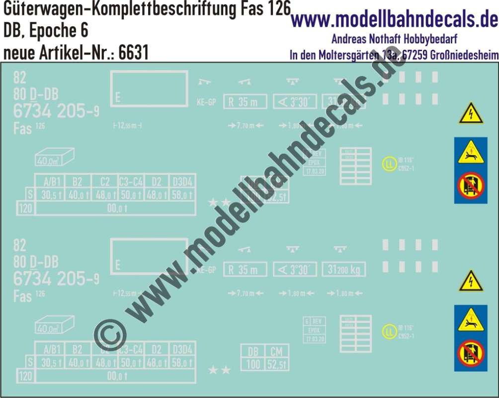 Nass-Schiebebilder: Güterwagen-Komplettbeschriftung Fas 126, DB, Epoche 4. Artikel-Nummer: 6631
